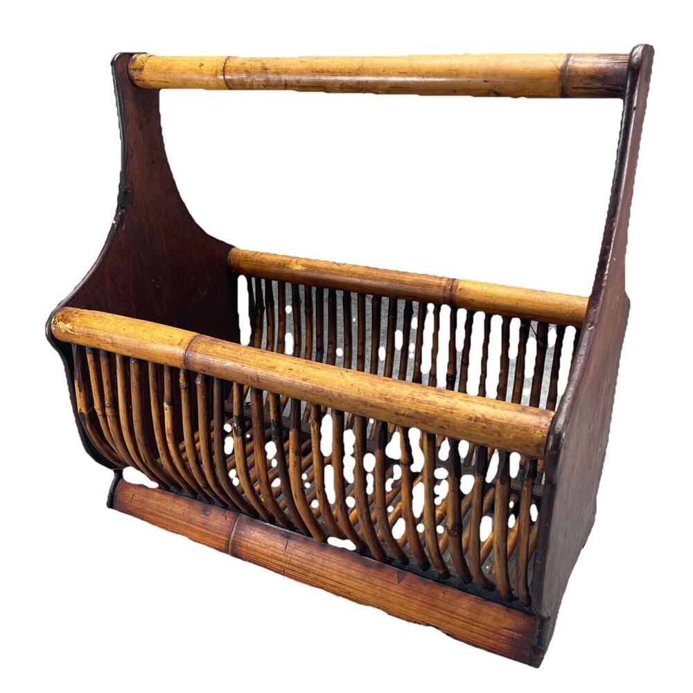 VTG Mid Century Modern Burnt Rattan Tortoise Tiger Bamboo Magazine Rack Basket